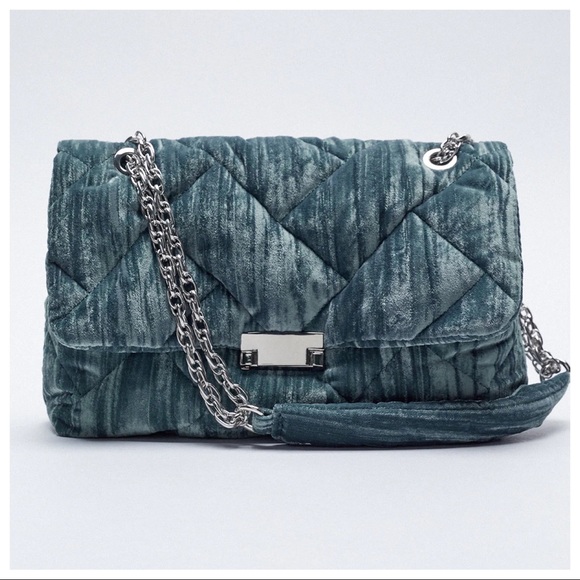 Zara Accessories - NWT. Zara Blue Quilted Velvet Maxi Crossbody Bag.